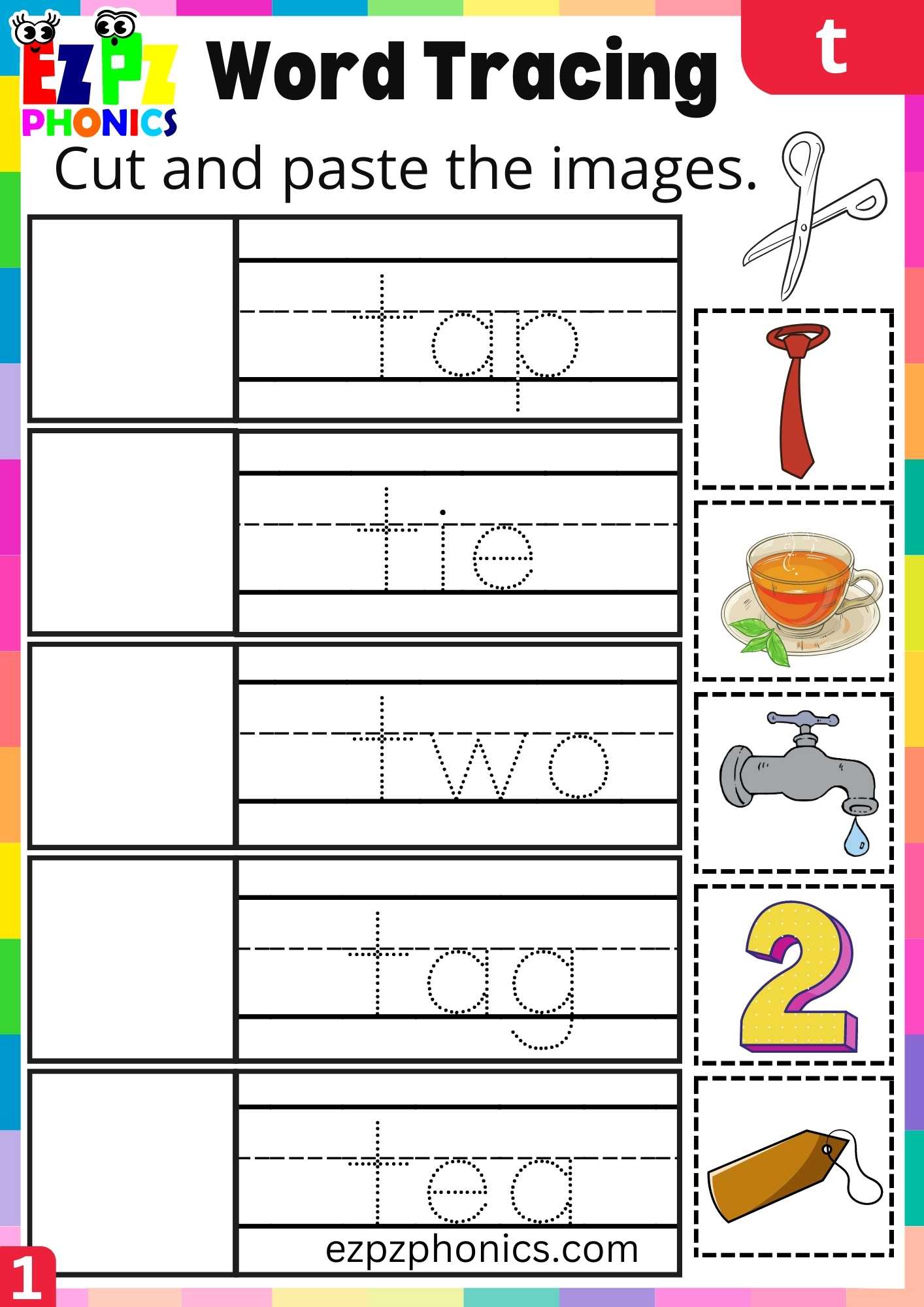 Letter T Word Tracing Beginning Sounds Worksheet